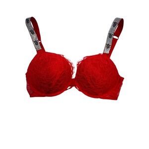 Victorias Secret Bombshell Plunge Bra Red Lace Rhinestone Shine Strap 34C